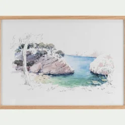 Toile, Tableau Et Affiche*alinea Aquarelle encadrée crique 38x53cm - Bleu