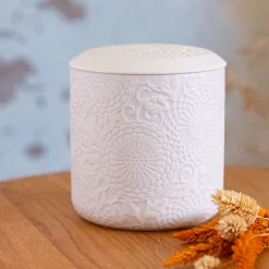 Décoration À Poser*alinea Boîte déco gravure florale en grès - D10xH11cm Blanc