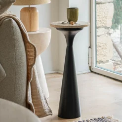 Table De Chevet|Bout De Canapé*alinea Bout de canapé en acier et travertin D26xH56cm - Noir