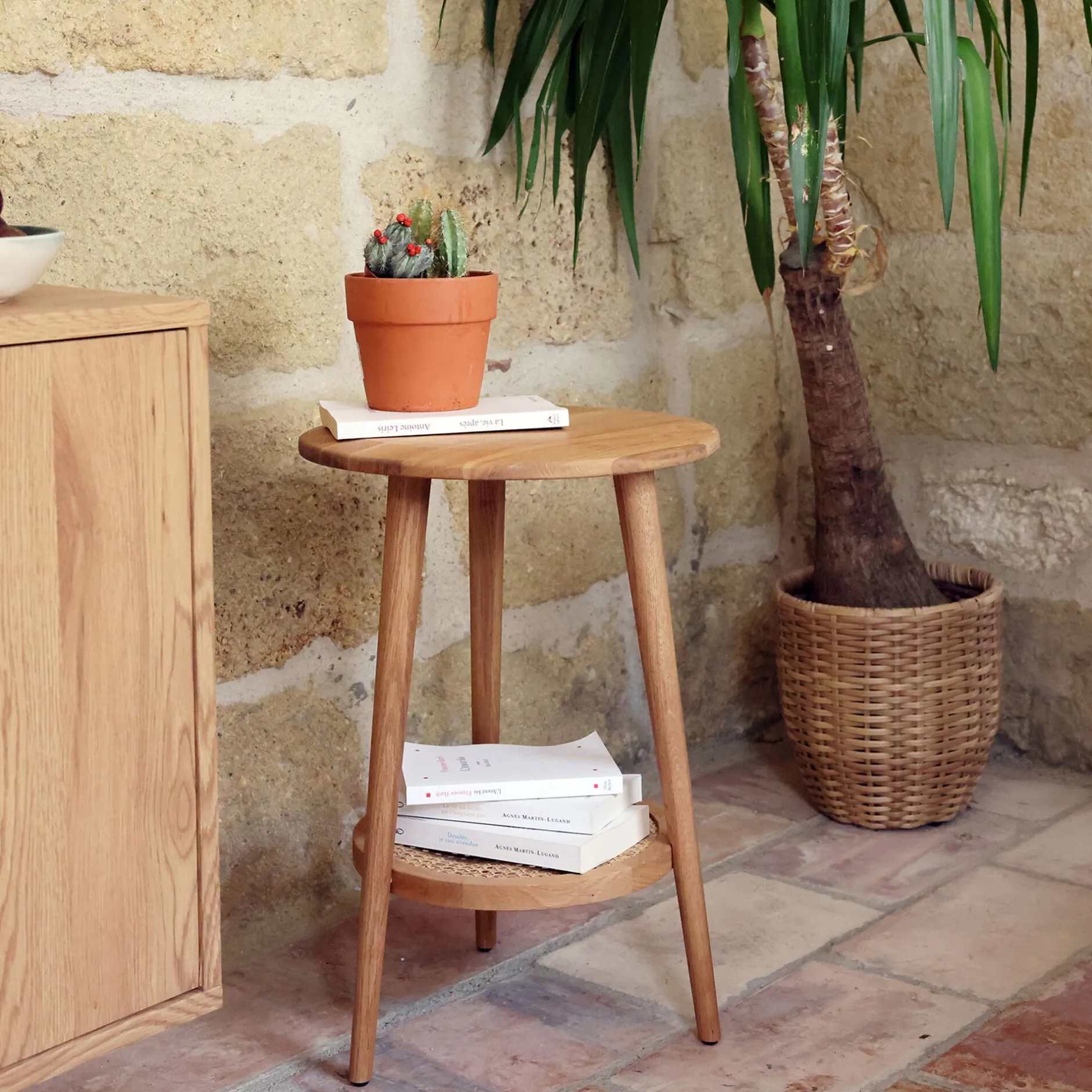 Table De Chevet|Bout De Canapé*alinea Bout de canapé en chêne massif et cannage D40xH60cm - Bois clair