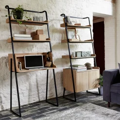 Bureau|Bibliothèque Et Étagère*alinea Bureau plaqué frêne et métal noir avec 2 tablettes L80cm - Bois clair