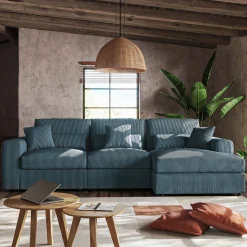 Canapé En Velours|Canapé 5 Places*alinea Canapé d'angle droit fixe en velours côtelé - Bleu