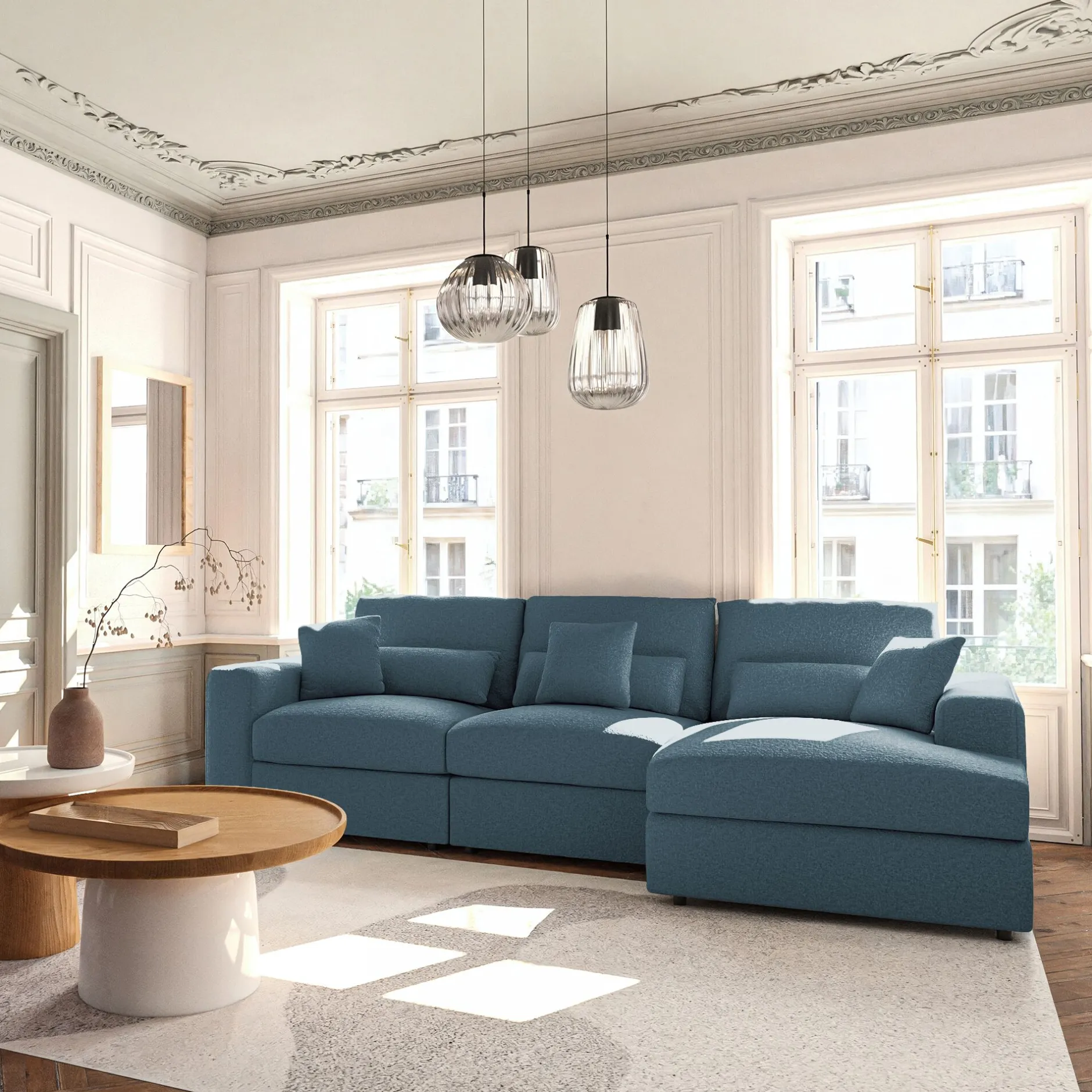 Canapé En Tissu|Canapé 5 Places*alinea Canapé d'angle droit fixe en tissu bouclette - Bleu