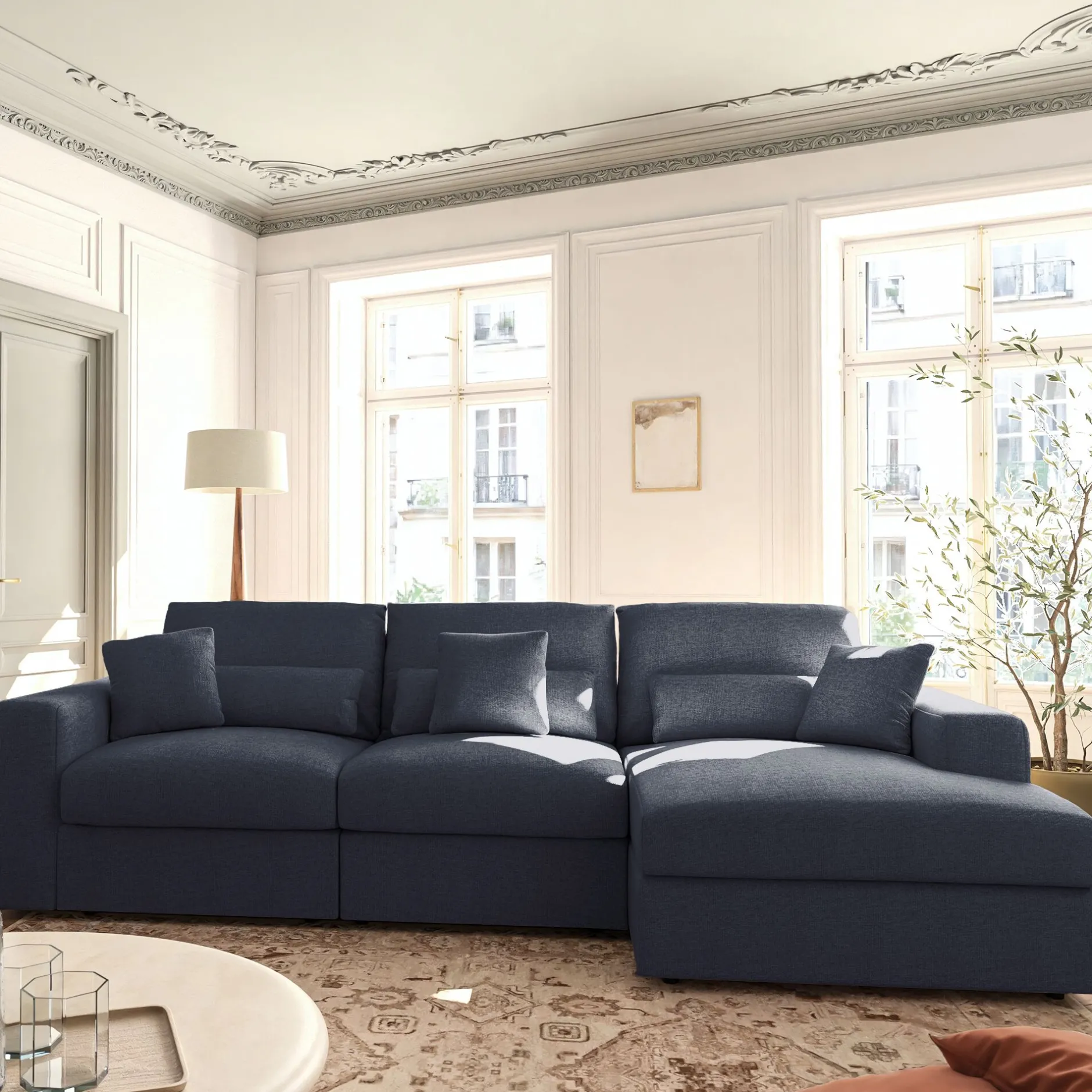 Canapé En Tissu|Canapé 5 Places*alinea Canapé d'angle droit fixe en chenille - marine Bleu