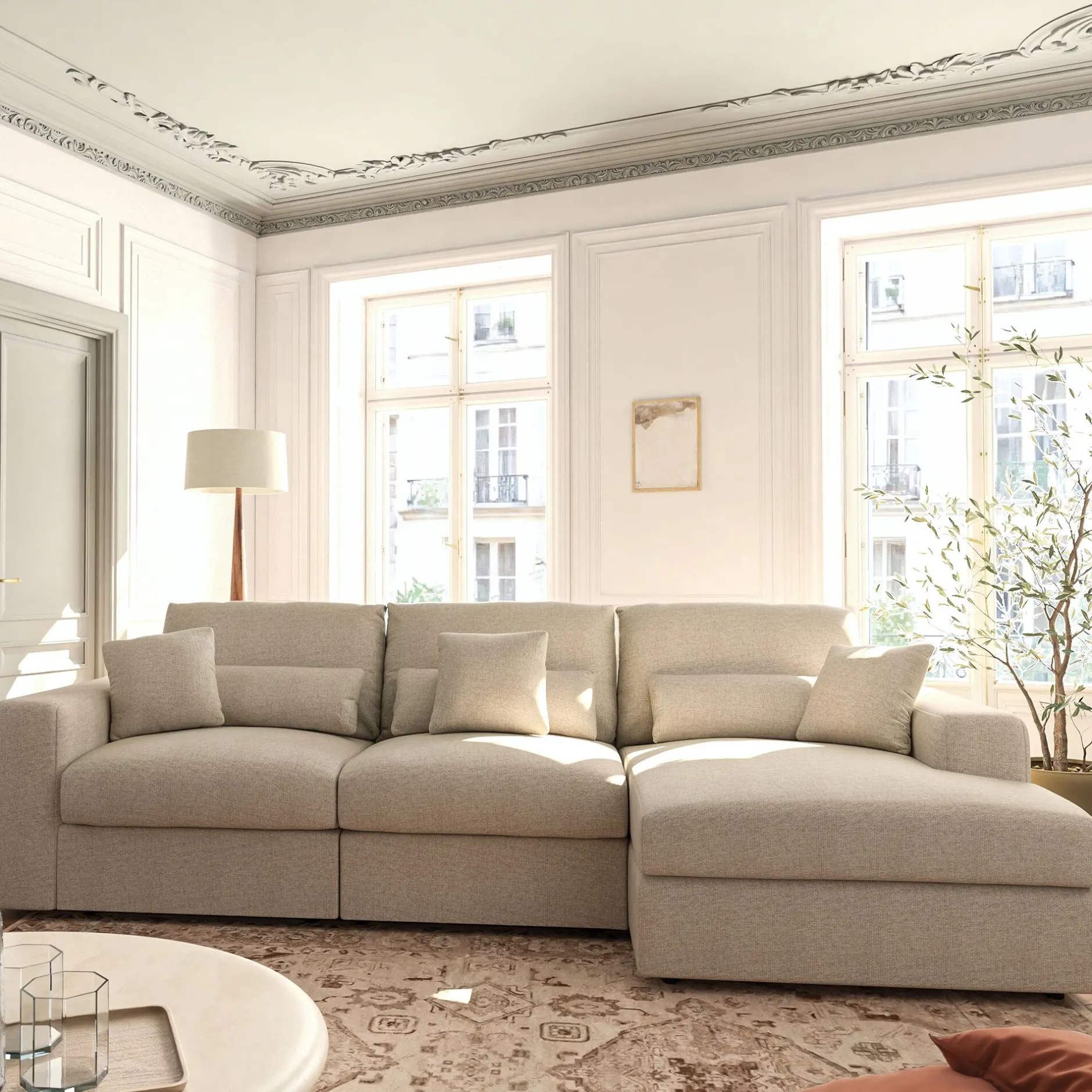 Canapé En Tissu|Canapé 5 Places*alinea Canapé d'angle droit fixe en chenille - roucas Beige