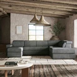 Canapé En Tissu|Canapé 6 Places Et Plus*alinea Canapé panoramique convertible avec méridienne gauche en tissu doux - Gris