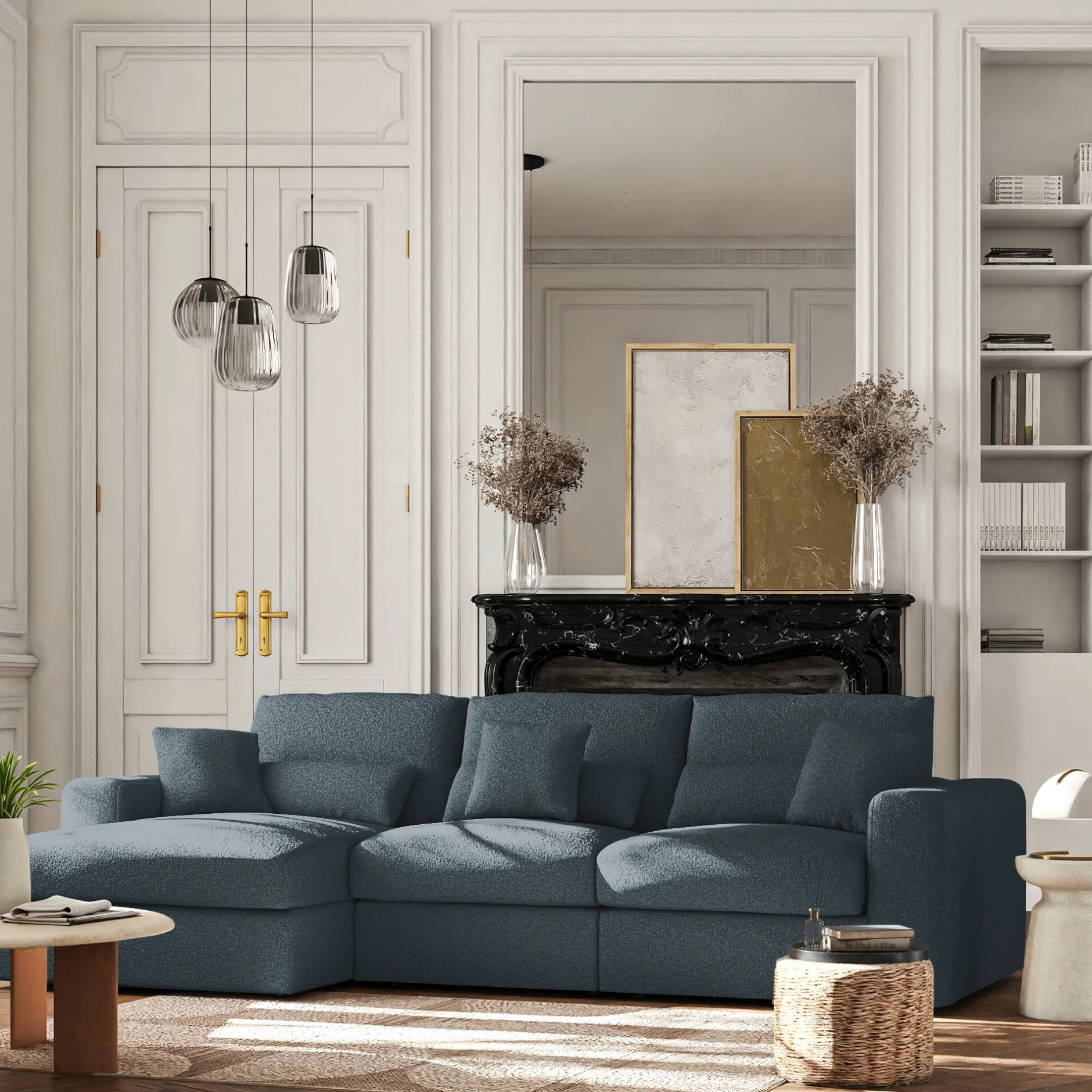 Canapé D'Angle|Canapé En Tissu*alinea Canapé petit angle gauche fixe en tissu bouclette - Bleu