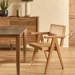Chaise De Salle À Manger*alinea Chaise de repas avec accoudoirs en acajou et cannage - Bois clair