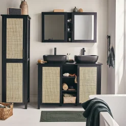 Colonne De Salle De Bain*alinea Colonne de salle de bain en bois de cèdre et cannage - H171cm Noir