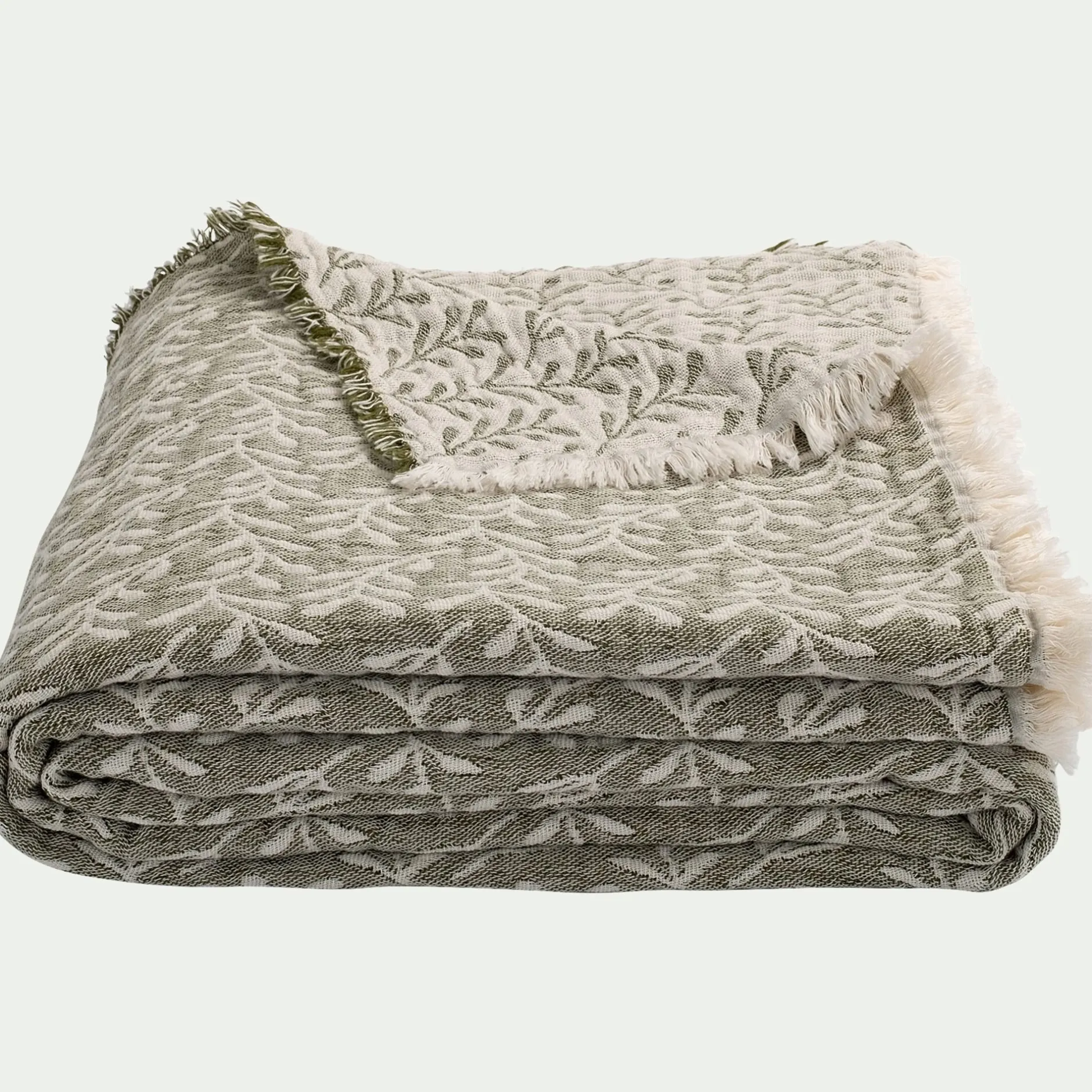 Couvre-Lit*alinea Couvre lit en coton motif feuilles finition franges 230x250cm - Vert