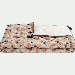 Couvre-Lit*alinea Édredon à motif fleuri en lin et coton 100x180cm piquage pompons double faces - Beige