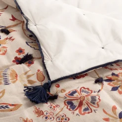 Couvre-Lit*alinea Édredon à motif fleuri en lin et coton 100x180cm piquage pompons double faces - Beige