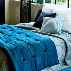 Couvre-Lit*alinea Édredon en lin et coton 100x180cm piquage pompons - figuerolles Bleu