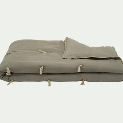 Couvre-Lit*alinea Édredon en lin et coton 100x180cm piquage pompons - olivier Vert