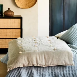 Couvre-Lit*alinea Édredon en lin et coton 100x180cm piquage pompons - olivier Vert