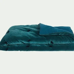 Couvre-Lit*alinea Édredon en velours de coton 100x180cm piquage pompons - Bleu