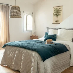 Couvre-Lit*alinea Édredon en velours de coton 100x180cm piquage pompons - Bleu