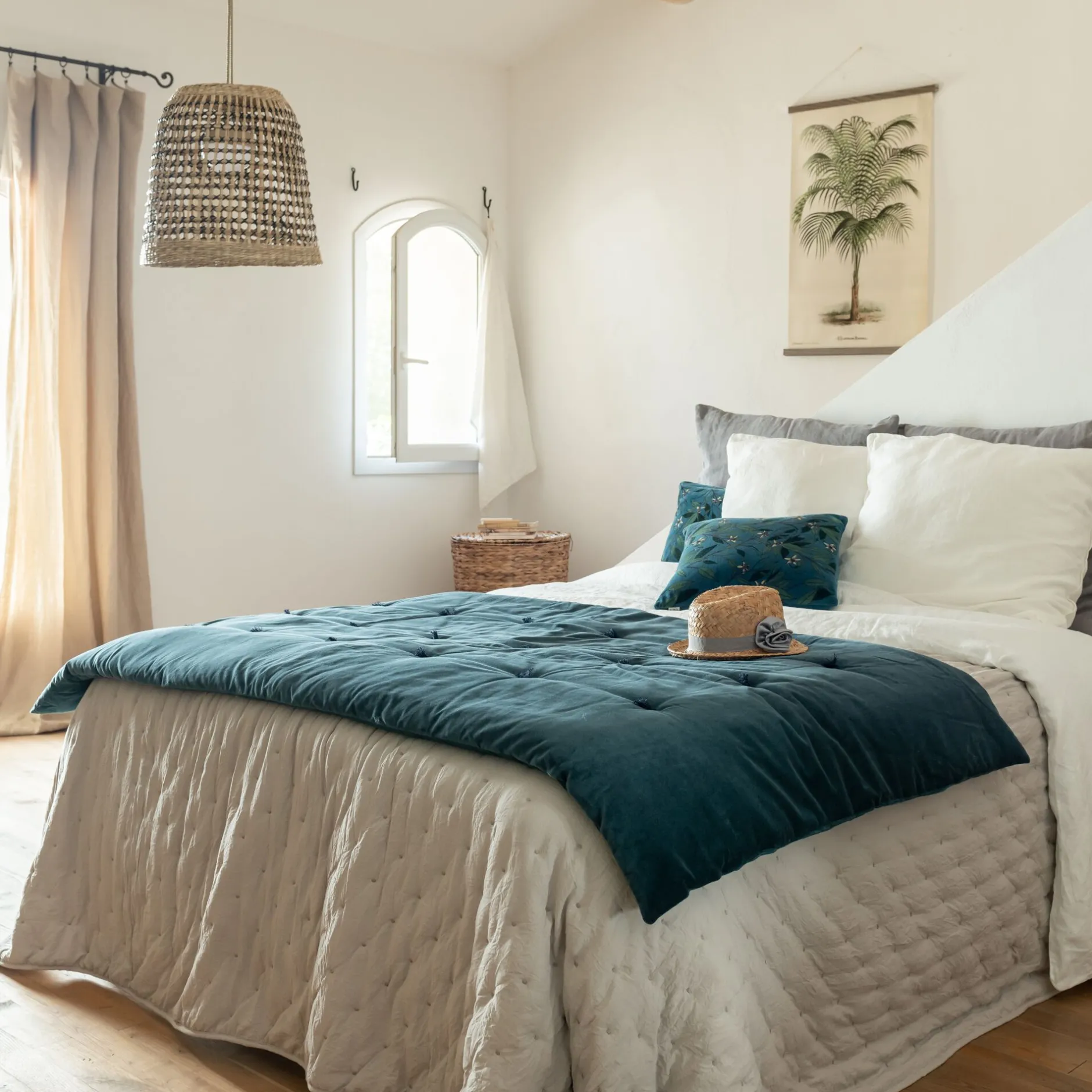 Couvre-Lit*alinea Édredon en velours de coton 100x180cm piquage pompons - Bleu