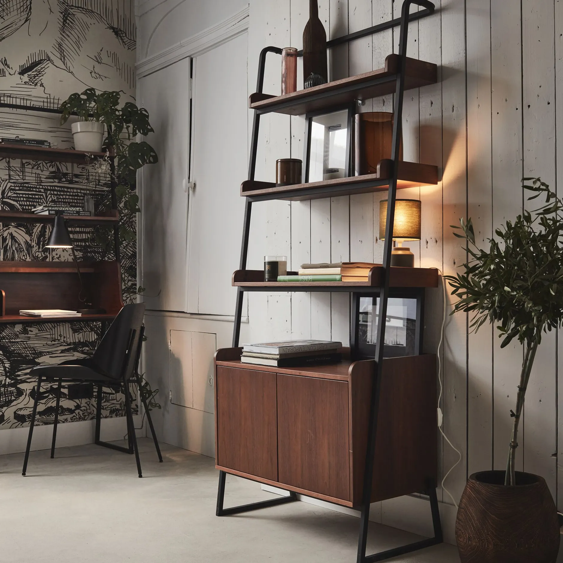 Bibliothèque Et Étagère*alinea Etagère 3 tablettes et caisson plaquée noyer et métal noir L80cm Bois foncé