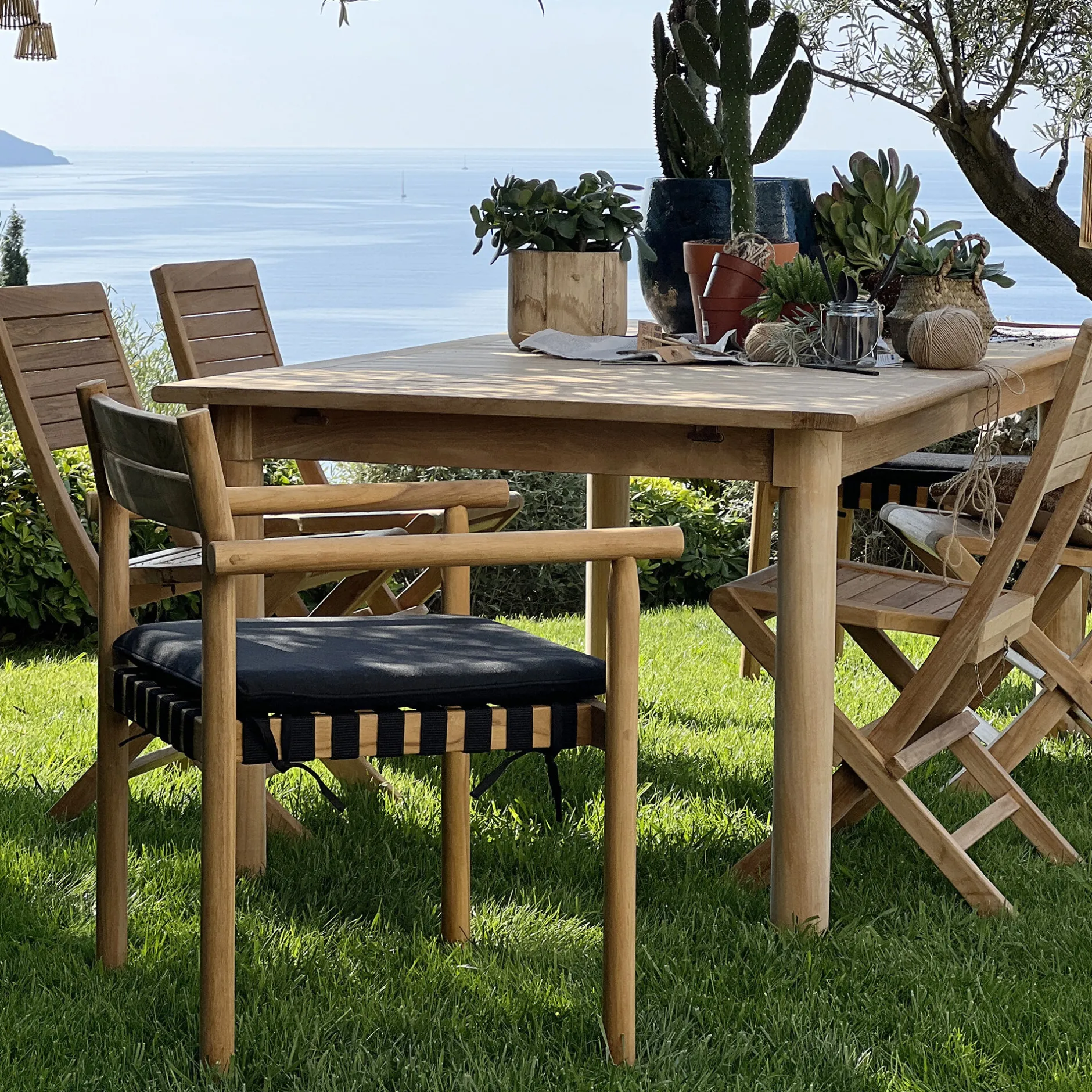 Pouf Exterieur|Fauteuil De Jardin*alinea Fauteuil de jardin à sangles en teck - Bois clair