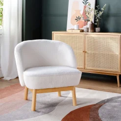 Fauteuil*alinea Fauteuil en tissu effet moutonné et piétement en hévéa - capelan Blanc