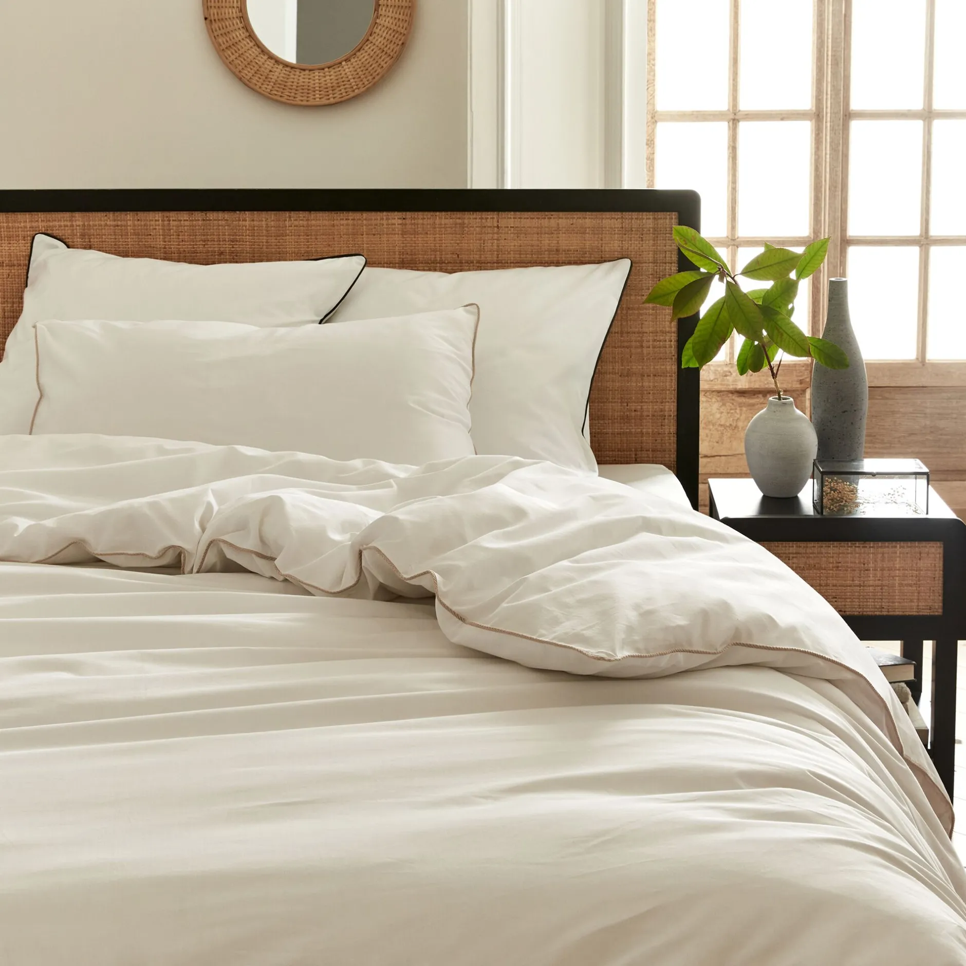 Housse De Couette*alinea Housse de couette en percale de coton 260x240cm liseré tressé beige alpilles - Blanc