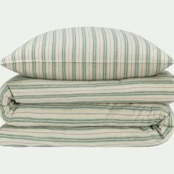 Parure De Lit*alinea Housse de couette 240x220cm et 2 taies d'oreiller 63x63cm motif rayé en coton tissé teint lavé - Bleu