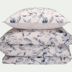 Parure De Lit*alinea Housse de couette 240x220cm et 2 taies d'oreiller 63x63cm en percale de coton motif végétal - Bleu