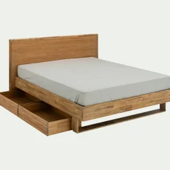 Lit Adulte*alinea Lit 2 places avec tête de lit en bois d'acacia 160x200cm - Bois clair