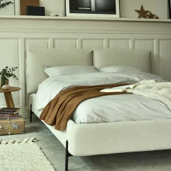 Lit Adulte*alinea Lit 2 places avec tête de lit en tissu doux 160x200cm - écru Blanc