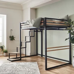 Lit Adulte*alinea Lit 2 places mezzanine en acier - 140x200cm Noir