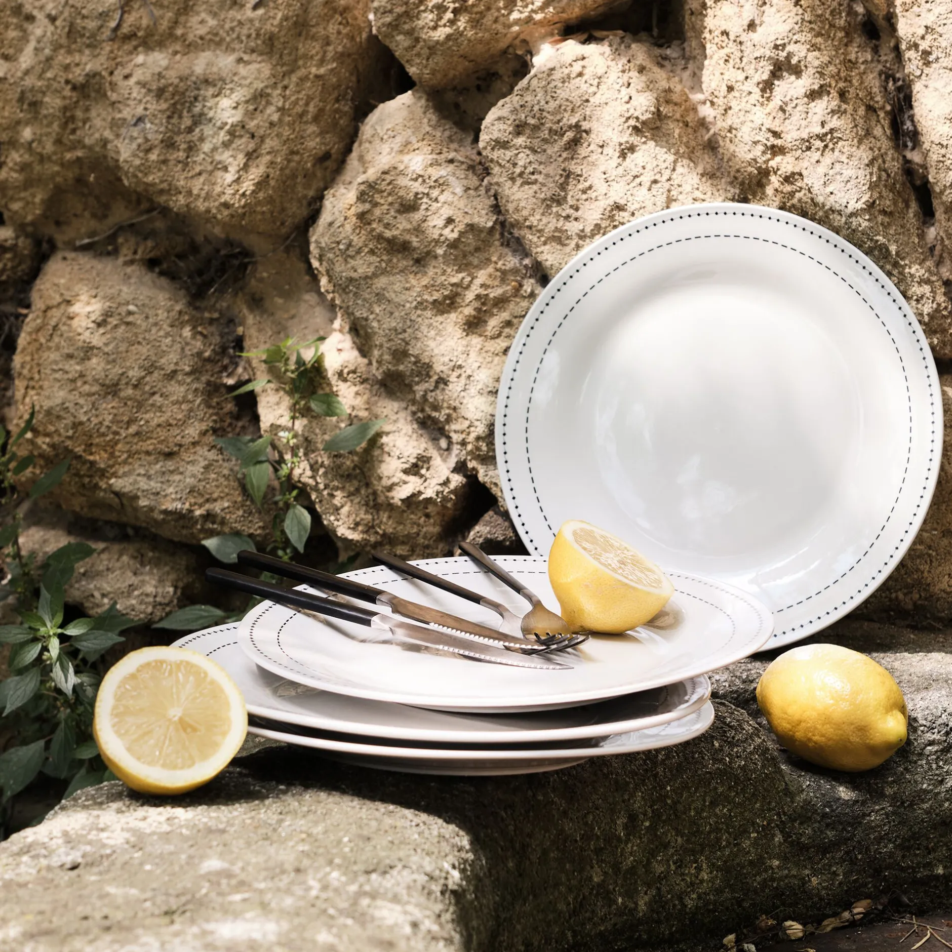 Assiette*alinea Lot de 4 assiettes plates en porcelaine avec liseré noir D27cm - Blanc