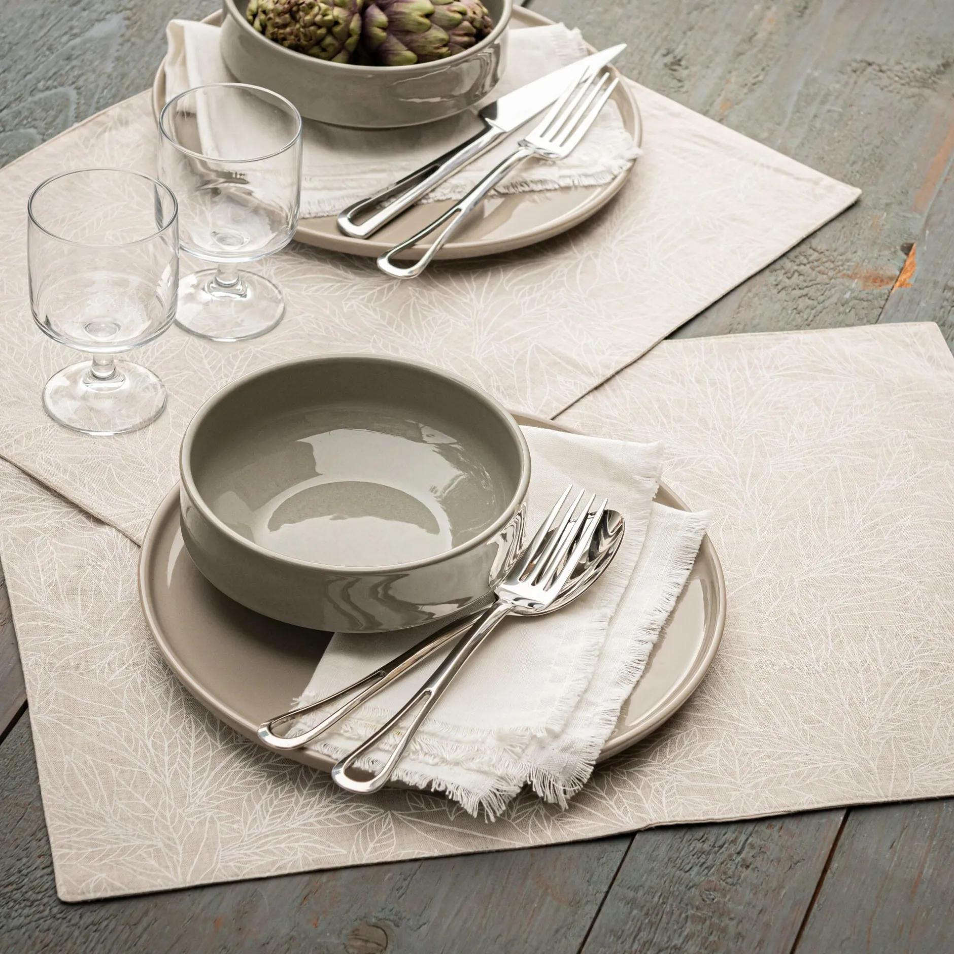 Set De Table*alinea Lot de 2 sets de table en lin et coton motif laurier - 35x50cm Beige