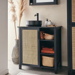 Meuble Sous Vasque*alinea Meuble sous-vasque simple en bois de cèdre et 1 porte en cannage - L80cm Noir