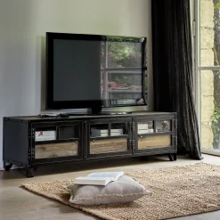 Meuble Tv*alinea Meuble TV en pin, acier et verre - L150xl45xH45cm Bois foncé