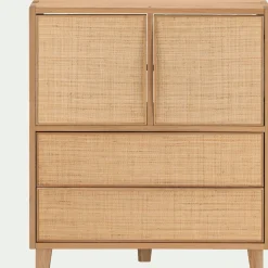 Rangement À Composer|Buffet*alinea Petit buffet en bois de chêne avec portes et tiroirs en raphia - Bois clair