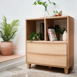 Rangement À Composer|Buffet*alinea Petit buffet en bois de chêne avec 2 grands tiroirs en raphia - Bois clair