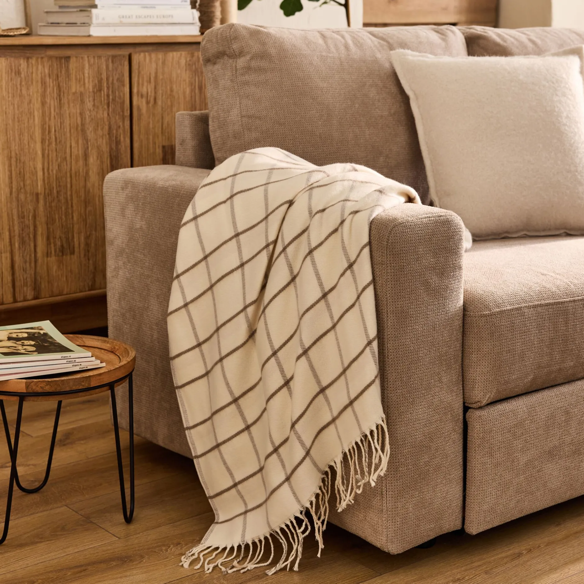 Plaid*alinea Plaid en coton et laine motif tartan finition franges 130x170cm - écru Blanc