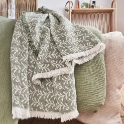 Plaid*alinea Plaid en coton motif feuilles finition franges 130x170cm - Vert