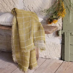Plaid*alinea Plaid en lin lavé à carreaux finition franges 130x170cm - Jaune