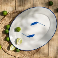 Plat De Service Et Saladier*alinea Plat de présentation ovale à motif poissons en faïence L40cm - Blanc