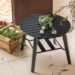 Table Basse Exterieur*alinea Table basse de jardin ronde en bois d'eucalyptus et aluminium - noir