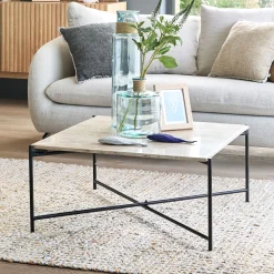 Table Basse*alinea Table basse en travertin et acier L78x78cm - Blanc