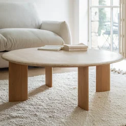 Table Basse*alinea Table basse ovale en travertin et bois L115,5xl102xH37cm - Beige