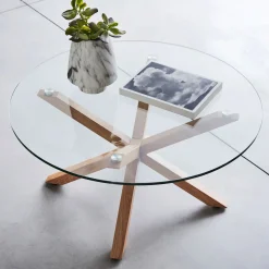 Bout De Canapé|Table Basse*alinea Table basse ronde en verre et piétement métal effet bois - Transparent