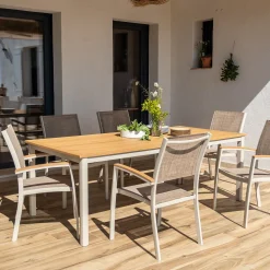 Table De Jardin*alinea Table de repas jardin extensible en eucalyptus et aluminium - blanc écru (8 à 12 places) Bois clair